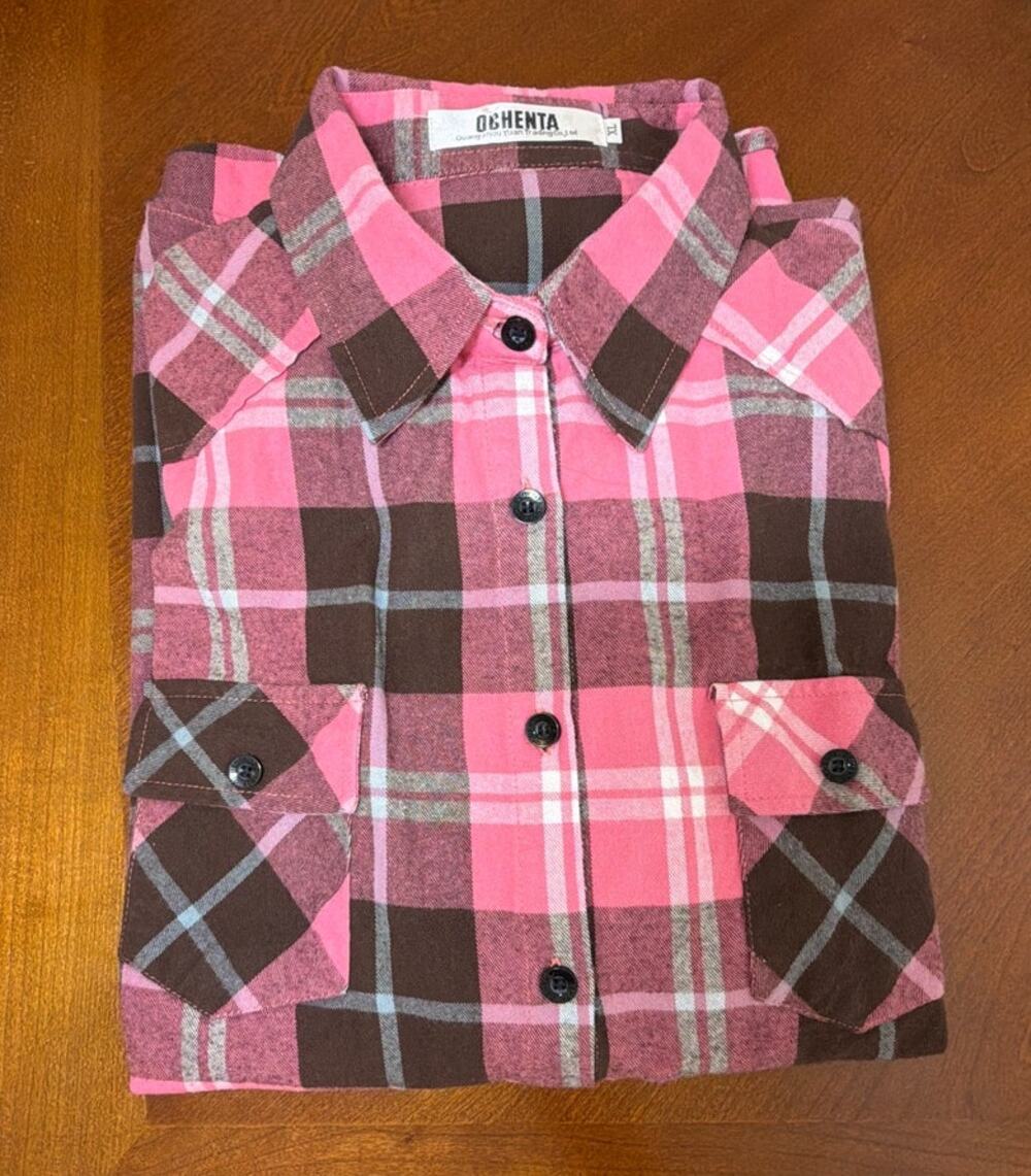 OCHENTA Women’s XL Flannel Shirt Shacket Plaid Rodeo Cowgirl Western Pink Brown